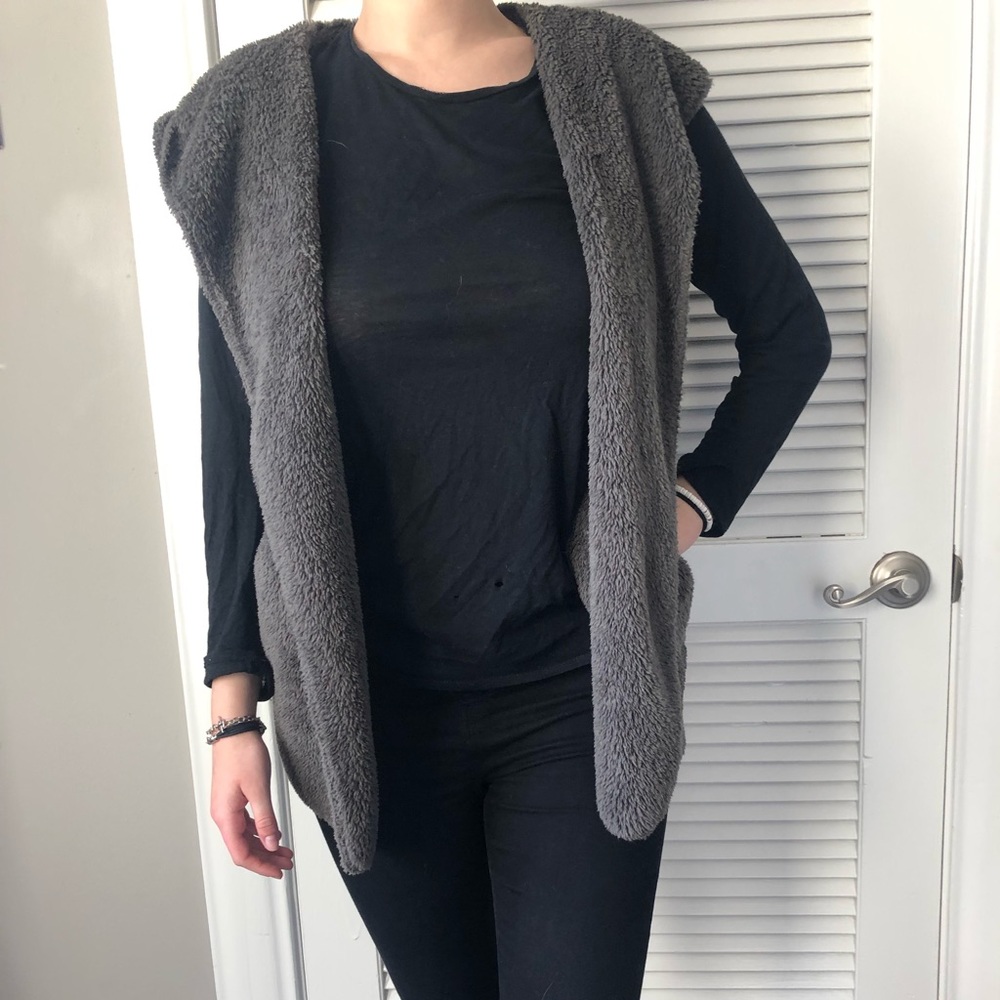 Dark gray faux fur vest with hood
